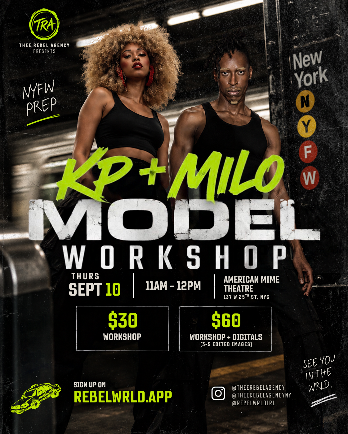 KP + Milo Model Workshop — Thursday Sept 10, 11AM–12PM at American Mime Theatre, 137 W 25th St, NYC. $30 workshop, $60 workshop plus digitals.
